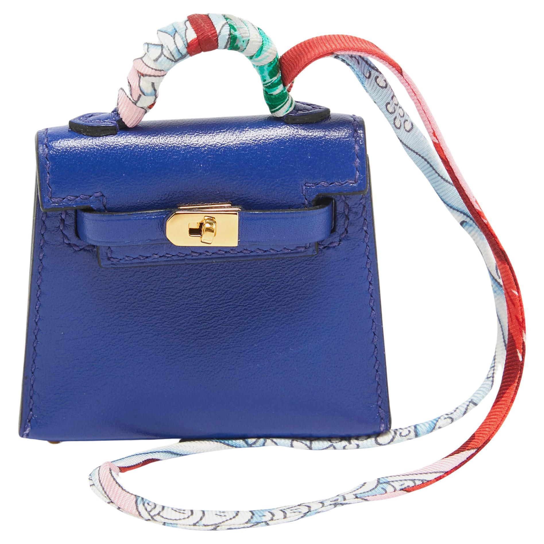 Hermes Bleu Electrique Tadelakt Leather Mini Kelly Twilly Bag Charm For Sale