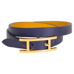 HERMES Bleu Encre blue & Ambre yellow leather BEHAPI DOUBLE TOUR Bracelet T2