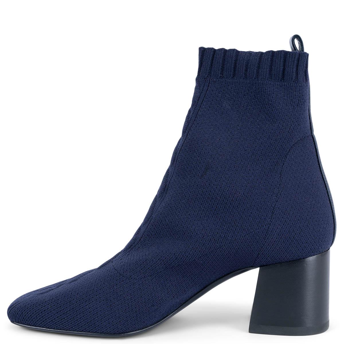 100% authentic Hermès Volver 60 sock ankle boots in Bleu Fonce (navy blue) knit with Clic! C'est Noue motif. Features calf leather Ex-Libris emblem and heel. Have been worn and are in excellent condition. 

Measurements
Model	H212163Z 49
Imprinted