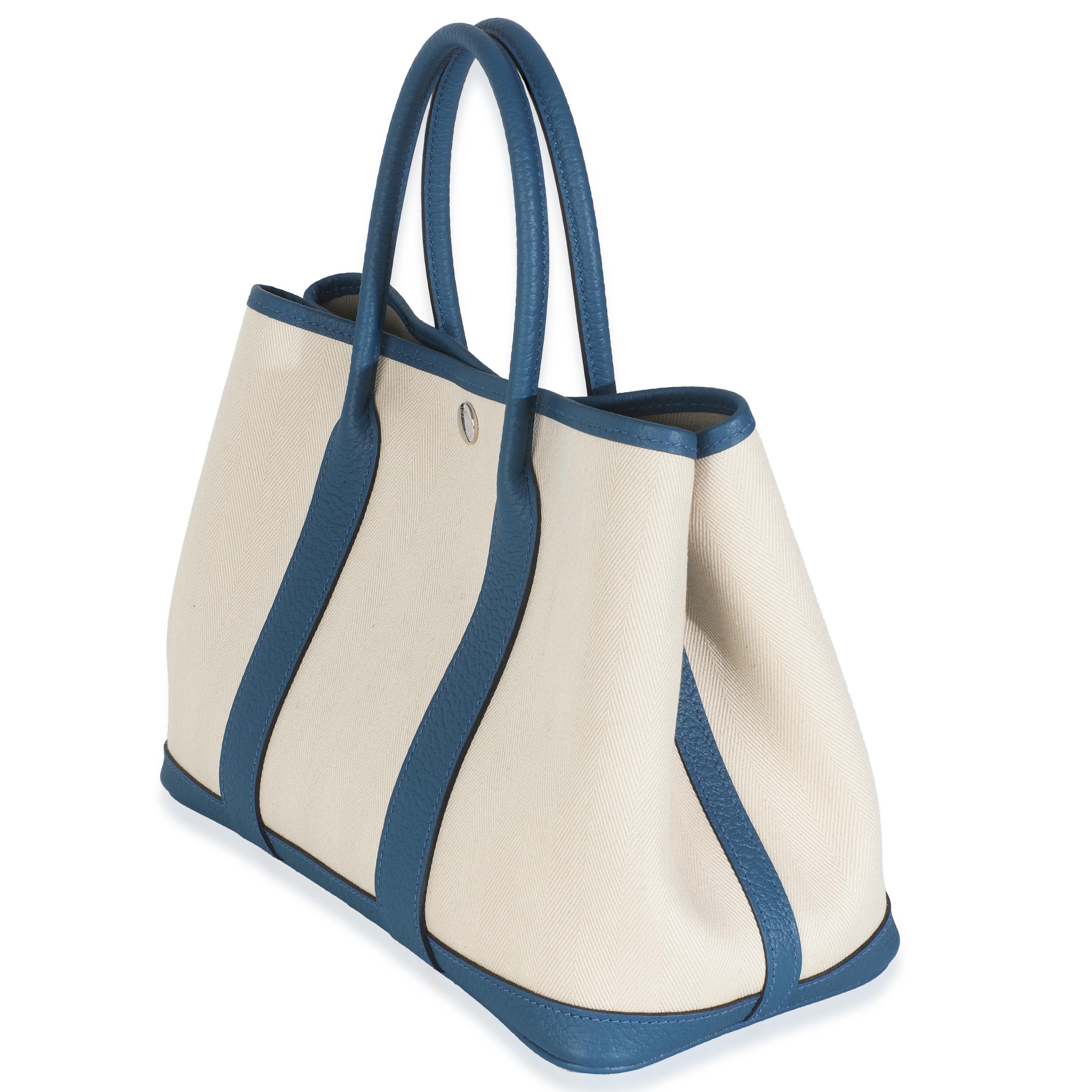 Hermès Bleu France Negonda Ecru Canvas Garden Party 30 TPM In condizioni ottime in vendita a New York, NY