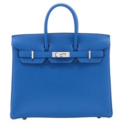 Hermes Bleu France Togo Leather Palladium Plated Birkin 25 Bag