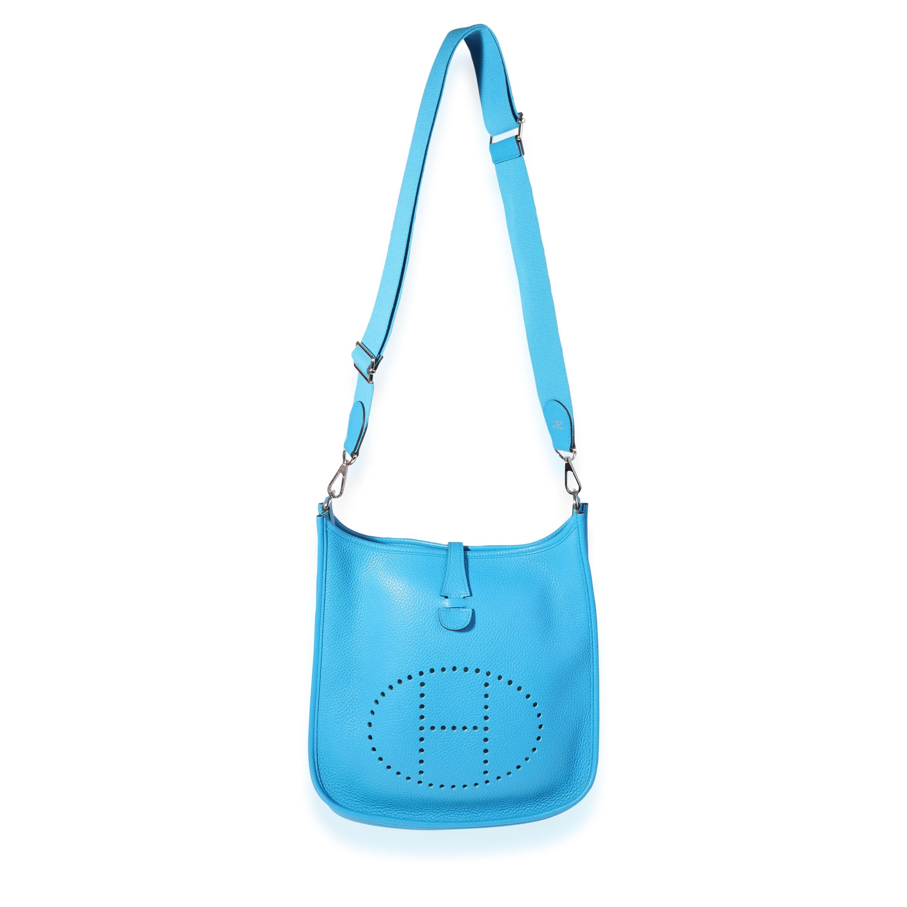 Listing Title: Hermès Bleu Frida Clémence Evelyne III 29 PHW
SKU: 119503
MSRP: 3475.00
Condition: Pre-owned (3000)
Handbag Condition: Very Good
Condition Comments: Very Good Condition. Mark to front of bag. Scratching and tarnishing to hardware.