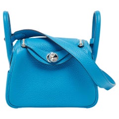 Hermès Bleu Frida Taurillon Clemence Leder Palladium Finish Mini Lindy Tasche