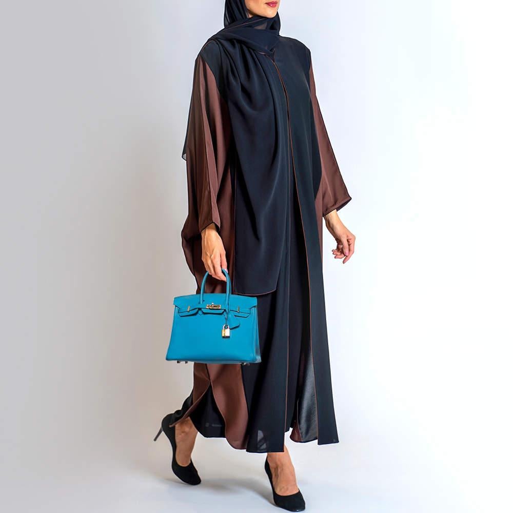 Hermes Bleu Frida Togo Leather Gold Finish Birkin 25 Bag In Good Condition In Dubai, Al Qouz 2