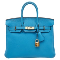Hermes Bleu Frida Togo Leather Gold Finish Birkin 25 Bag