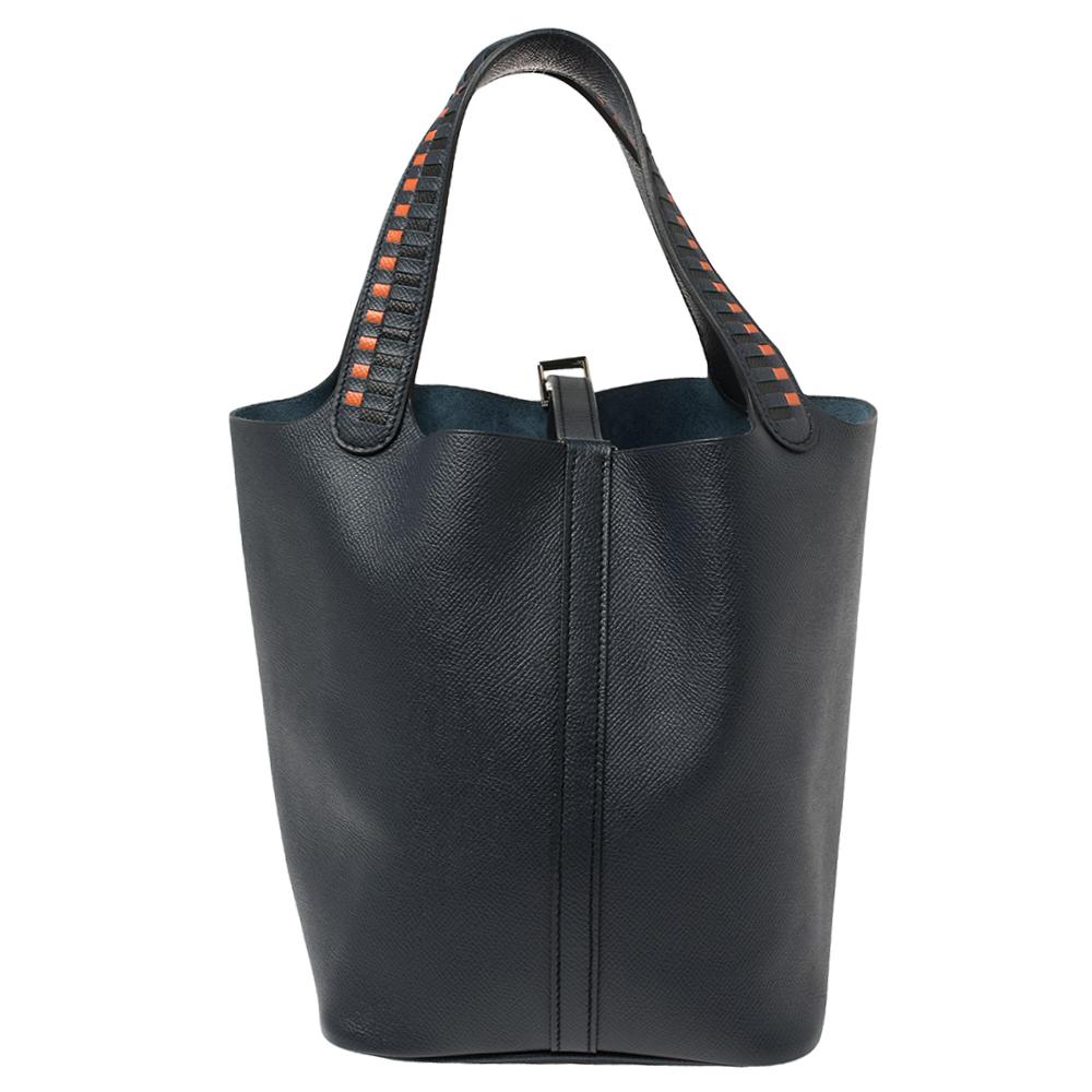Hermes Bleu Indigo/Black/Terre Leather Picotin Lock Cuir De Tressage PM Bag In Good Condition In Dubai, Al Qouz 2