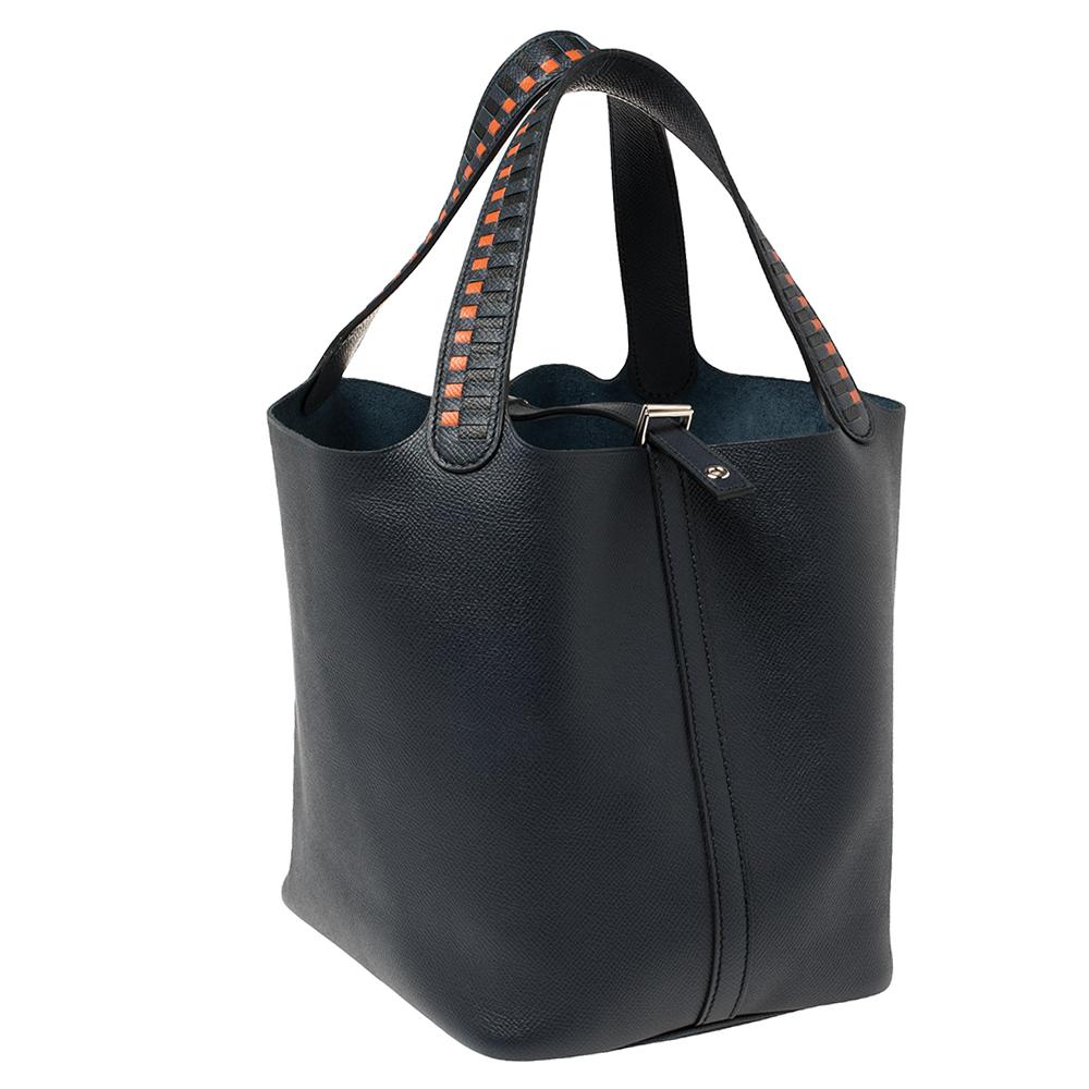 Women's Hermes Bleu Indigo/Black/Terre Leather Picotin Lock Cuir De Tressage PM Bag