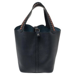 Hermes Bleu Indigo/Black/Terre Leather Picotin Lock Cuir De Tressage PM Bag