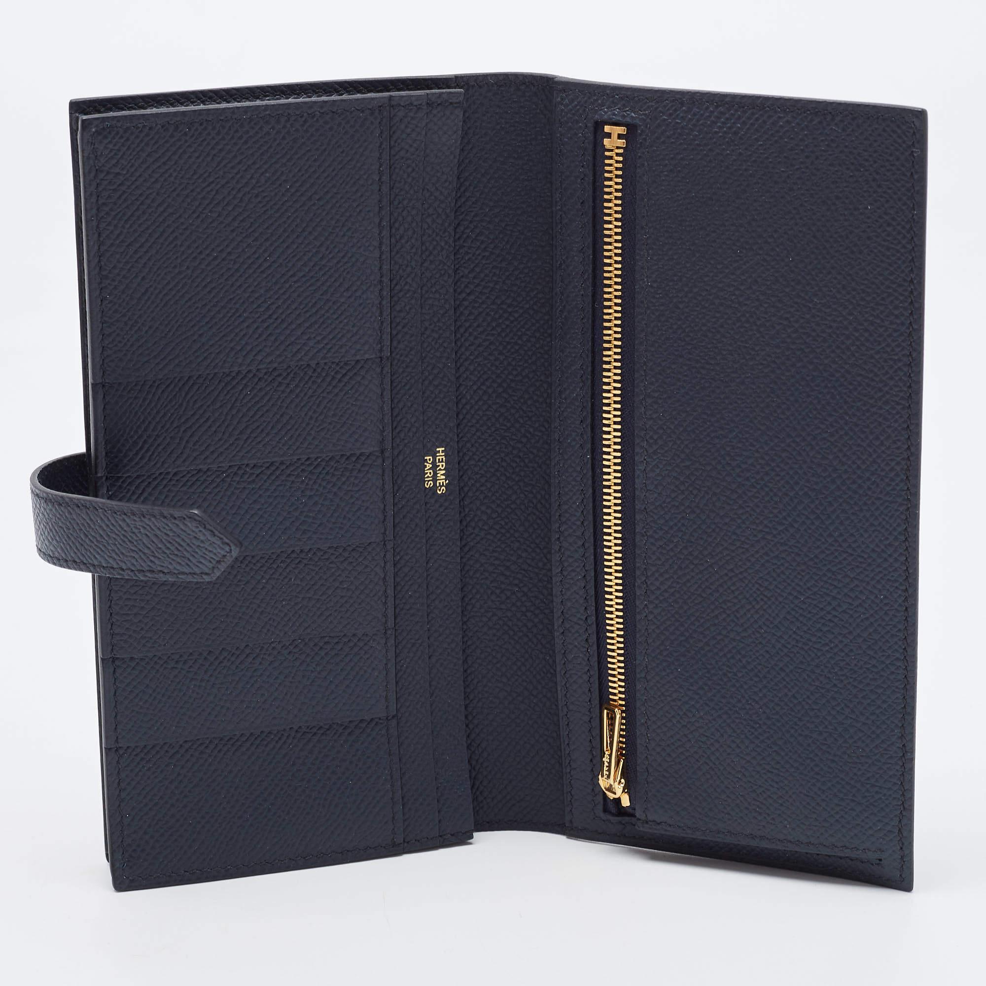 Hermes Bleu Indigo Epsom Leather Gold Finish Bearn Wallet 9