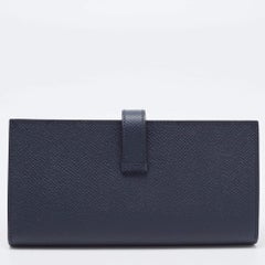 Hermes Bleu Indigo Epsom Leather Gold Finish Bearn Wallet