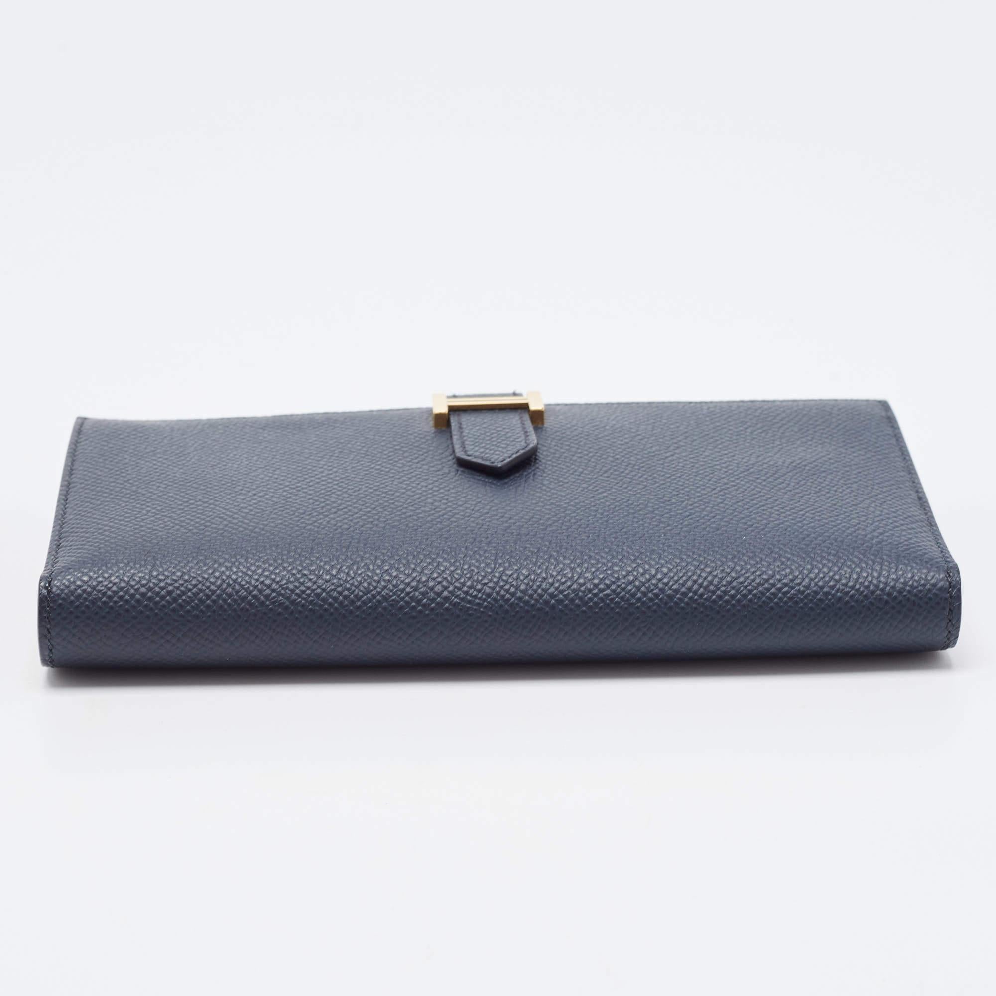 Women's Hermes Bleu Indigo Epsom Leather Gold Finish Bearn Wallet