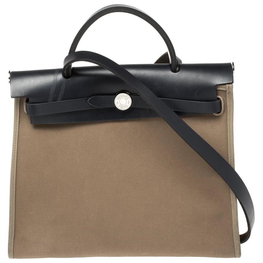 Hermès Bleu Indigo/Khaki Canvas and Leather Herbag Zip 31 Bag