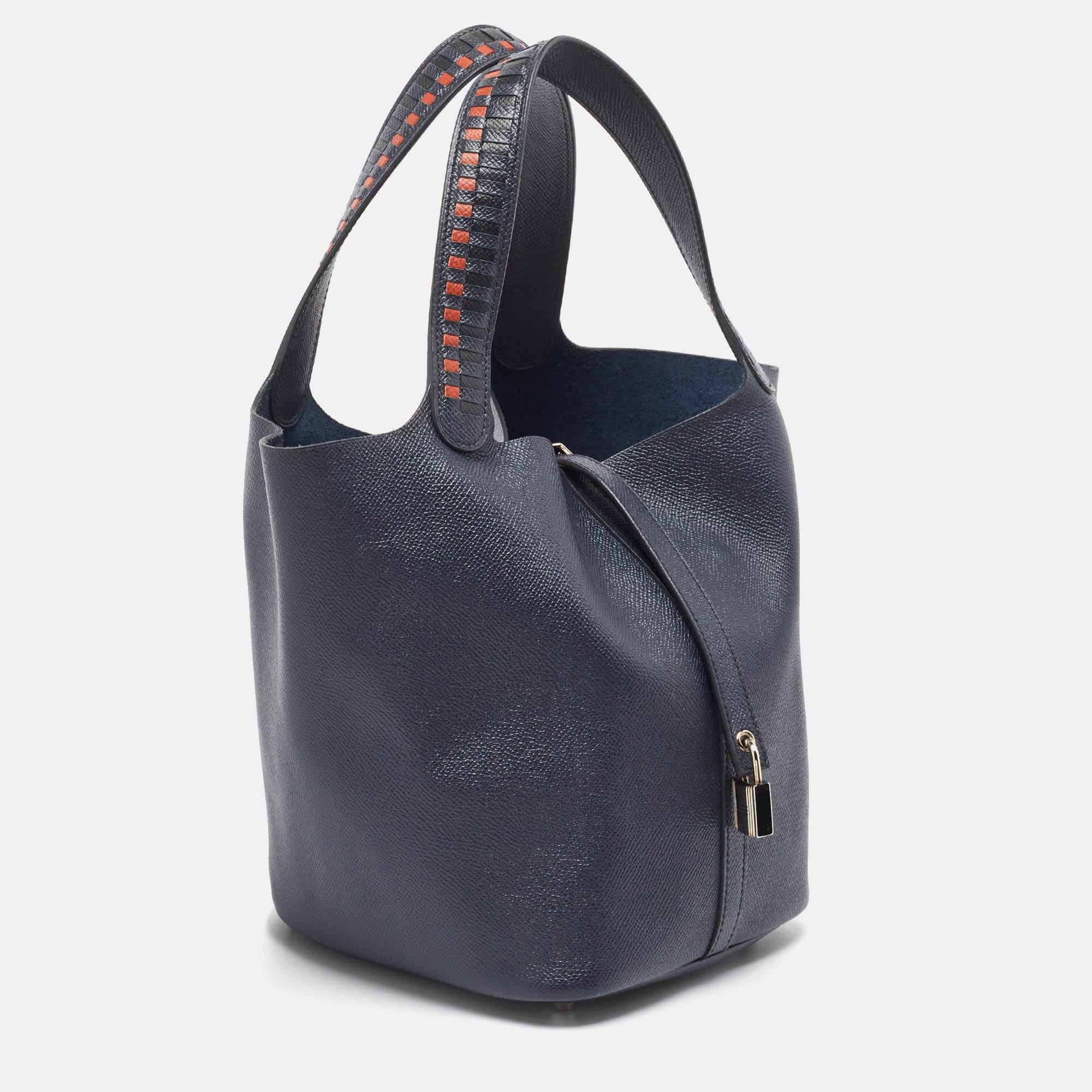 Hermes Bleu Indigo/Noir/Terre Battue Epsom Leather Picotin Lock Tressage 22 Bag For Sale 12