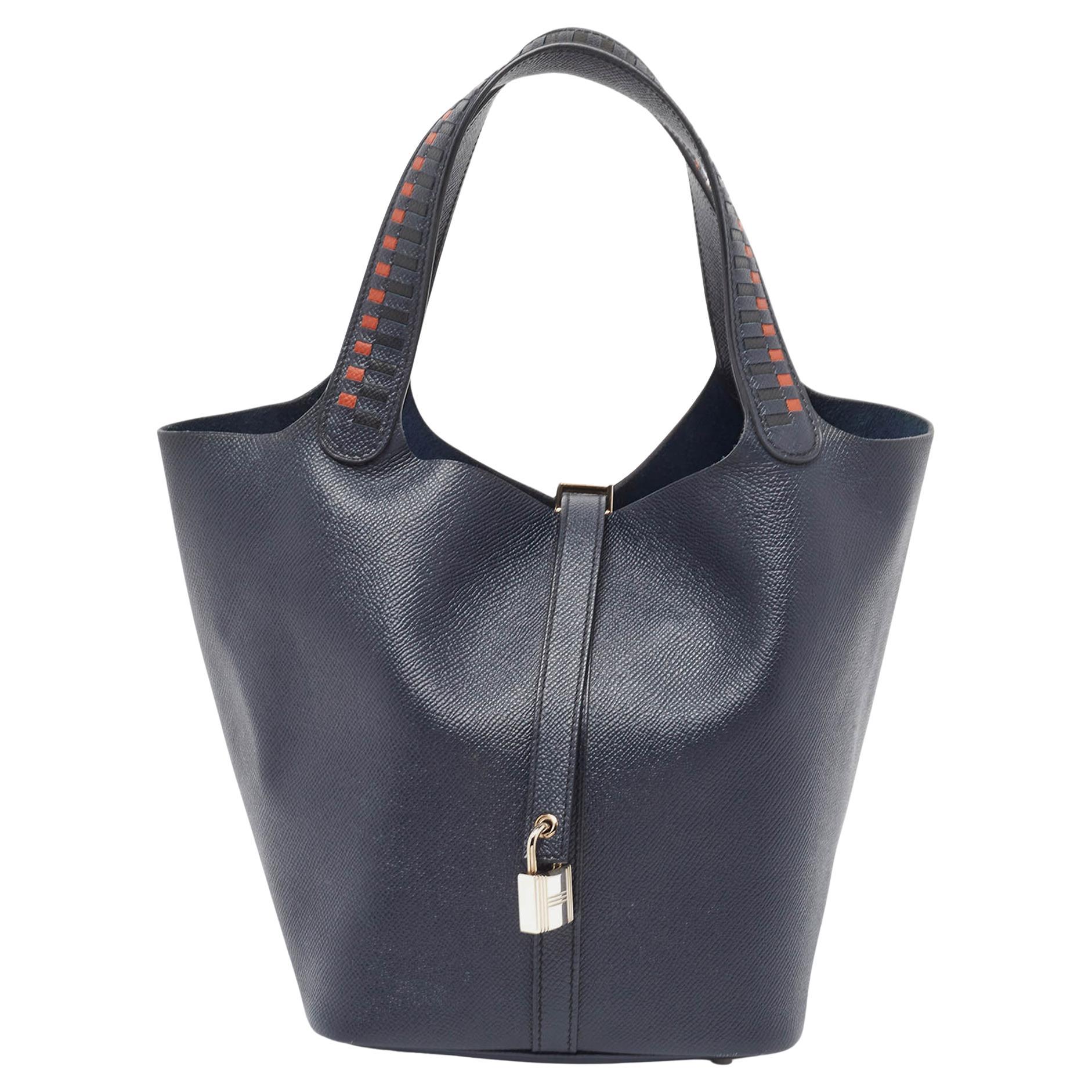 Hermes Bleu Indigo/Noir/Terre Battue Epsom Leather Picotin Lock Tressage 22 Bag For Sale
