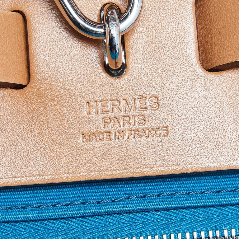 Hermes 31cm Bleu Lin Canvas and Natural Calfskin Leather Herbag