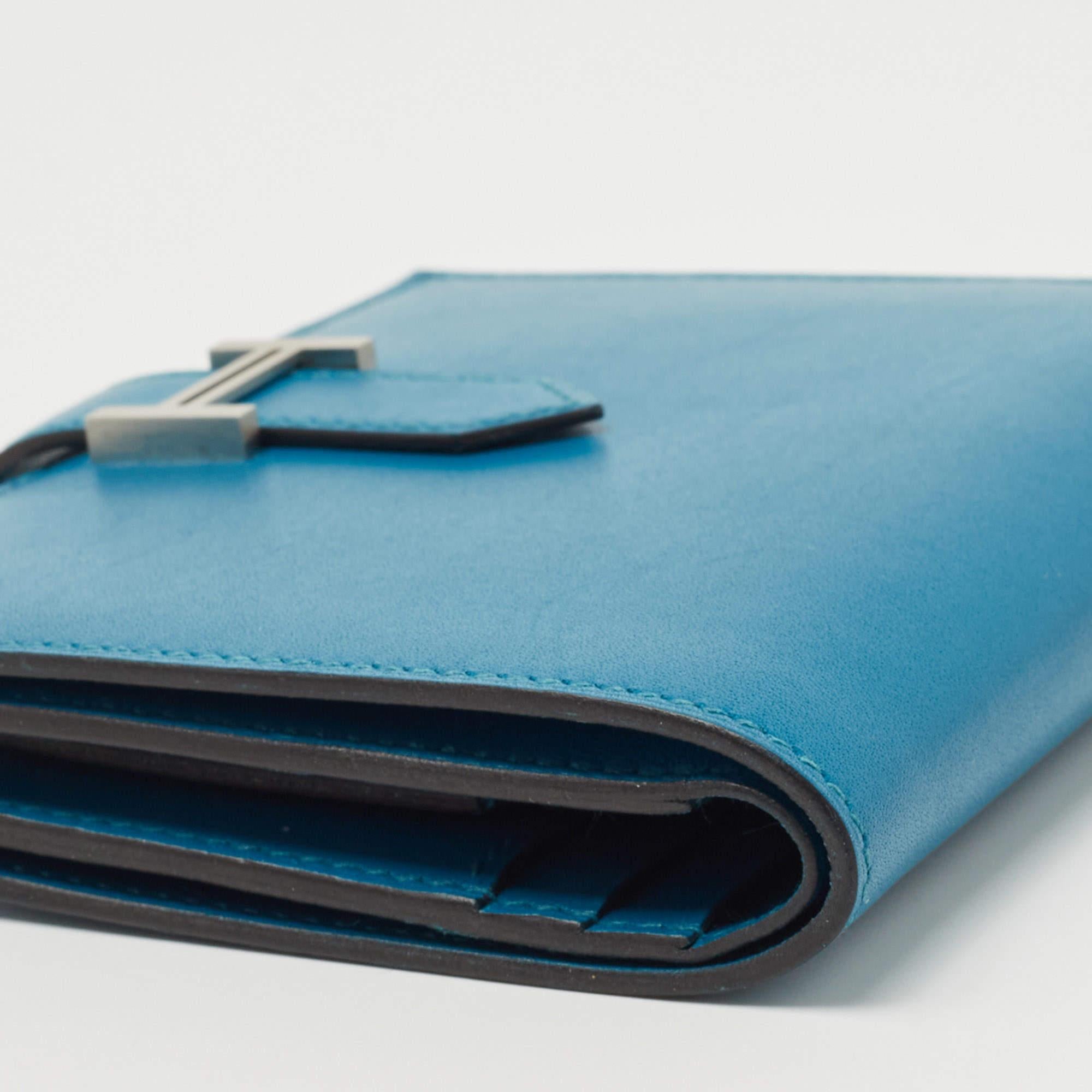 Hermes Bleu Izmir Tadelakt Leather Bearn Compact Wallet 8