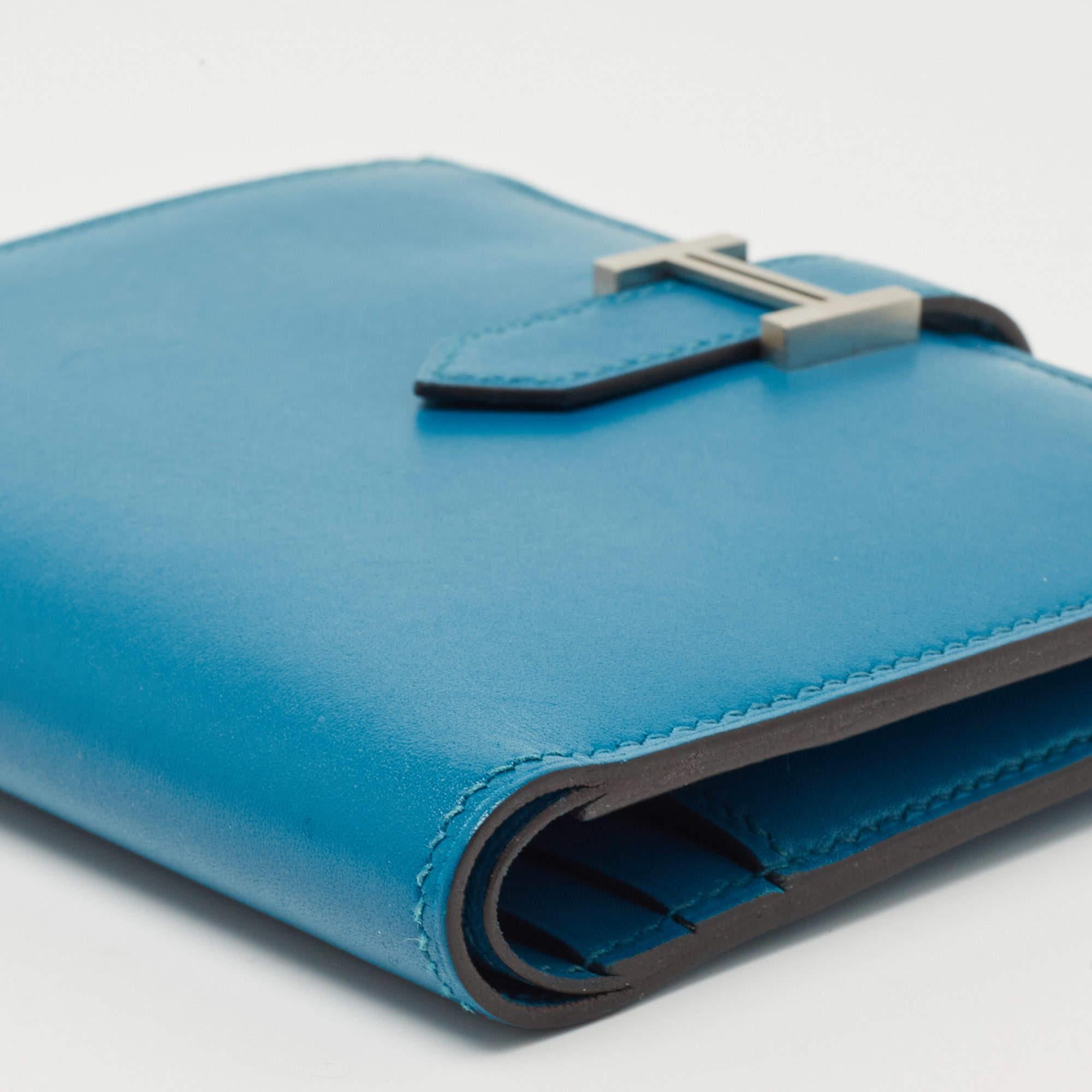 Hermes Bleu Izmir Tadelakt Leather Bearn Compact Wallet 9