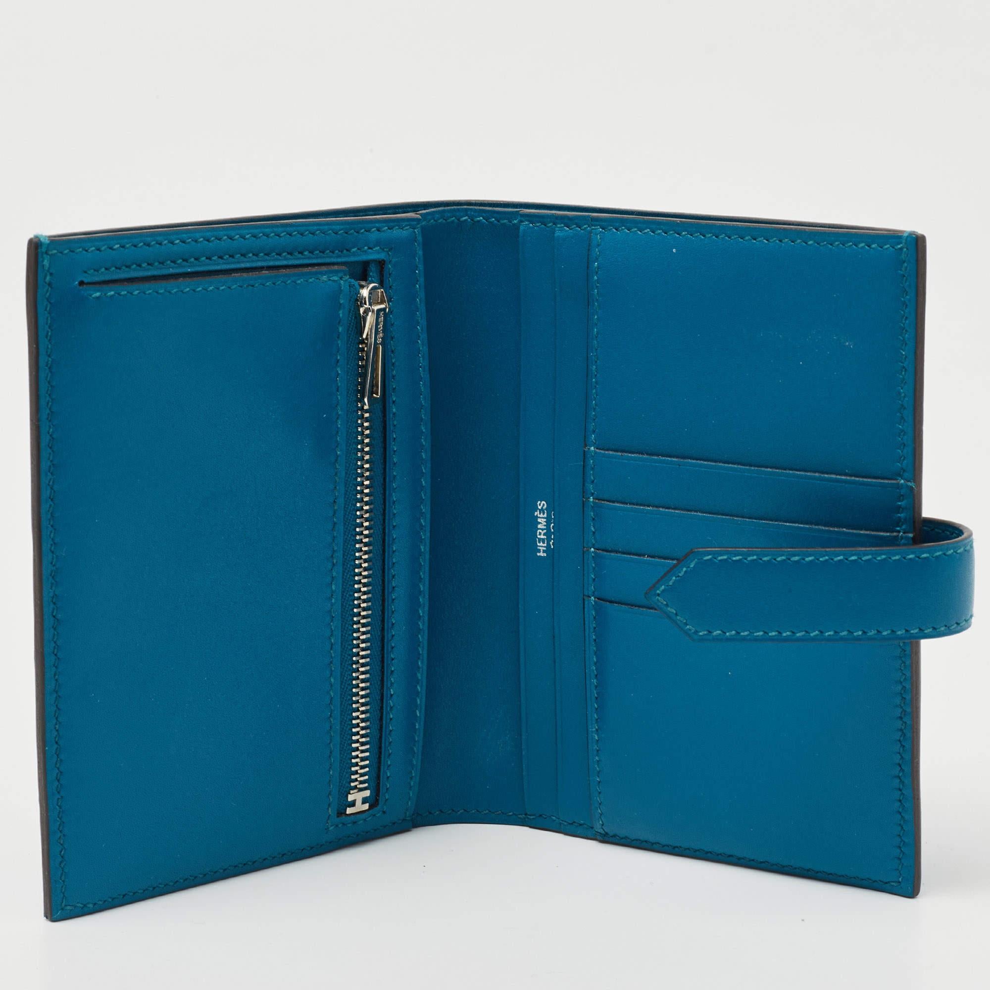 Hermes Bleu Izmir Tadelakt Leather Bearn Compact Wallet 2