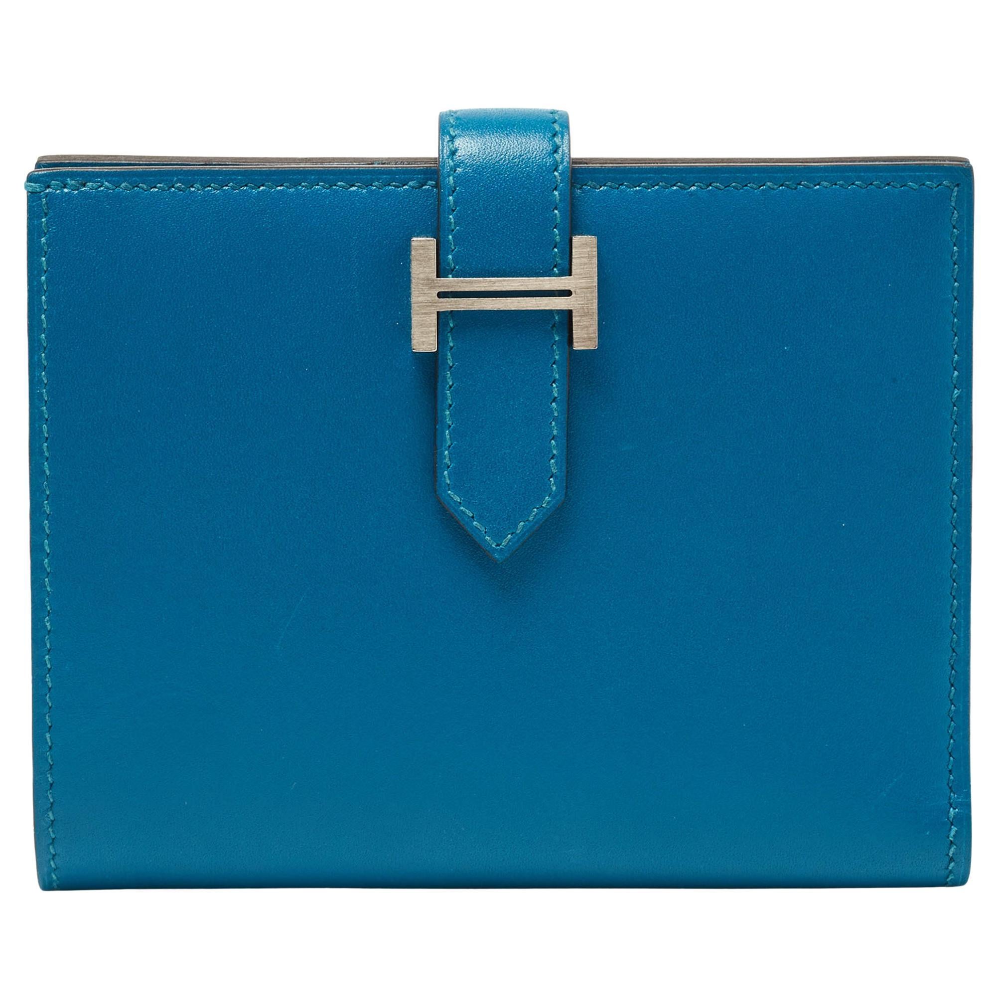 Hermes Bleu Izmir Tadelakt Leather Bearn Compact Wallet