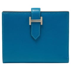 Hermes Bleu Izmir Tadelakt Leather Bearn Compact Wallet