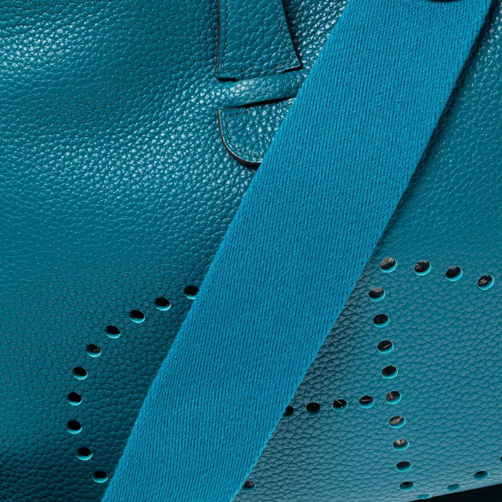 Hermes Bleu Izmir Taurillon Clemence Leather Evelyne III GM Bag 9