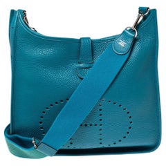 Hermes Bleu Izmir Taurillon Clemence Leather Evelyne III GM Bag