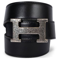 HERMES Bleu Jean / black leather H MARTELEE 32mm Reversible Hip Belt 90