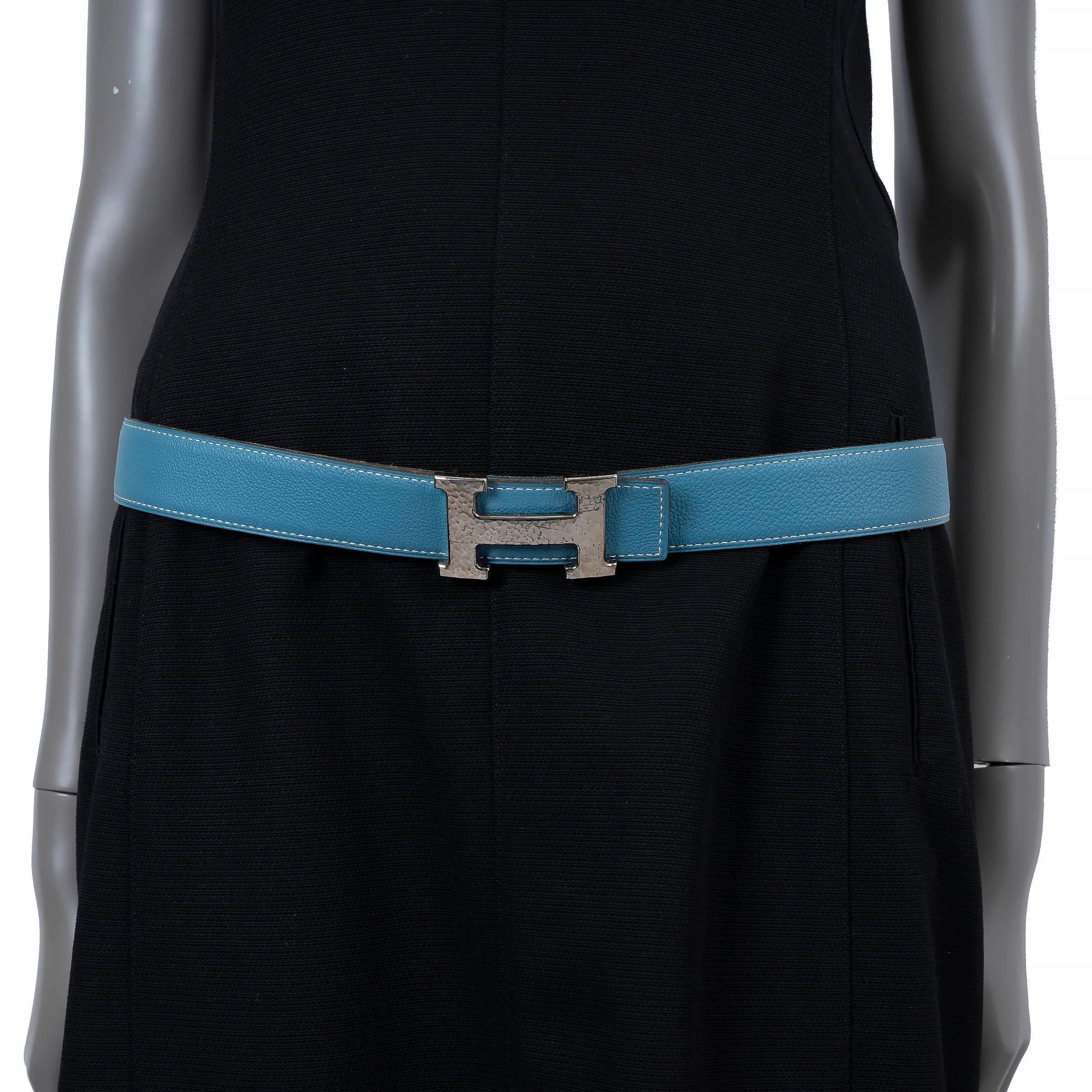 Blue HERMES Bleu Jean / black leather H MARTELEE 32mm Reversible Hip Belt 90 For Sale