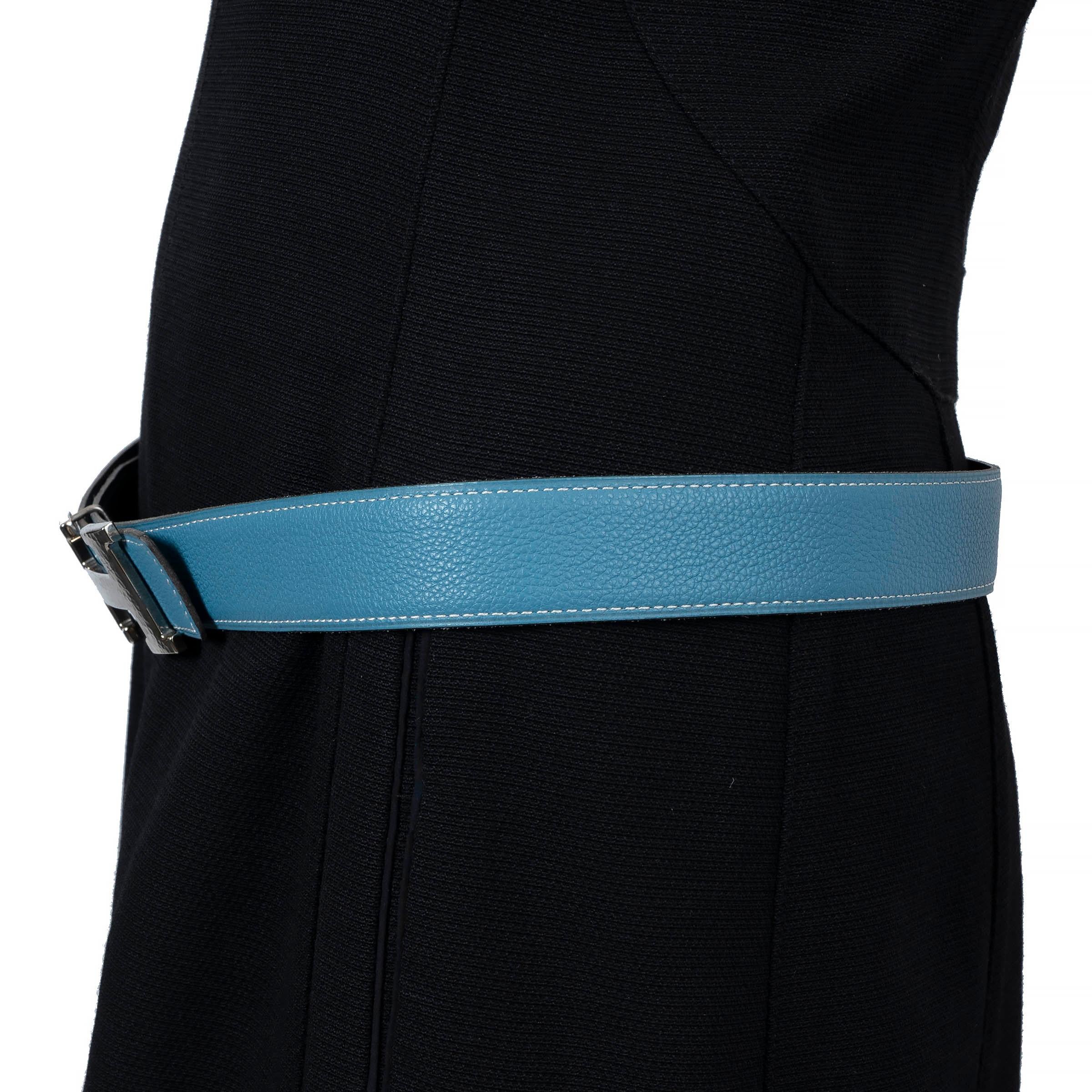 HERMES Bleu Jean / black leather H MARTELEE 32mm Reversible Hip Belt 90 In Fair Condition For Sale In Zürich, CH
