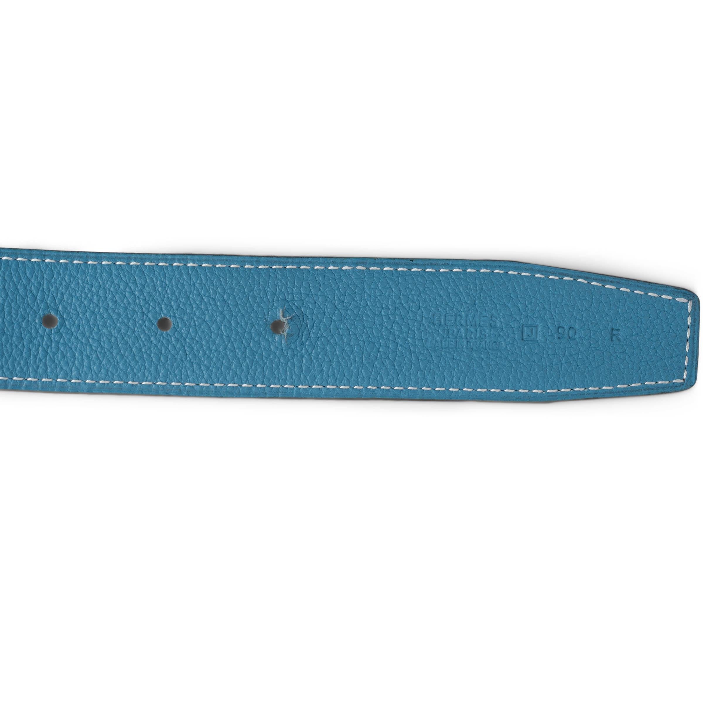 HERMES Bleu Jean / black leather H MARTELEE 32mm Reversible Hip Belt 90 For Sale 3