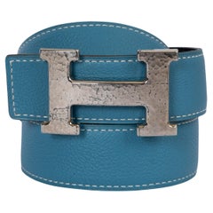 HERMES Bleu Jean / black leather H MARTELEE 32mm Reversible Hip Belt 90