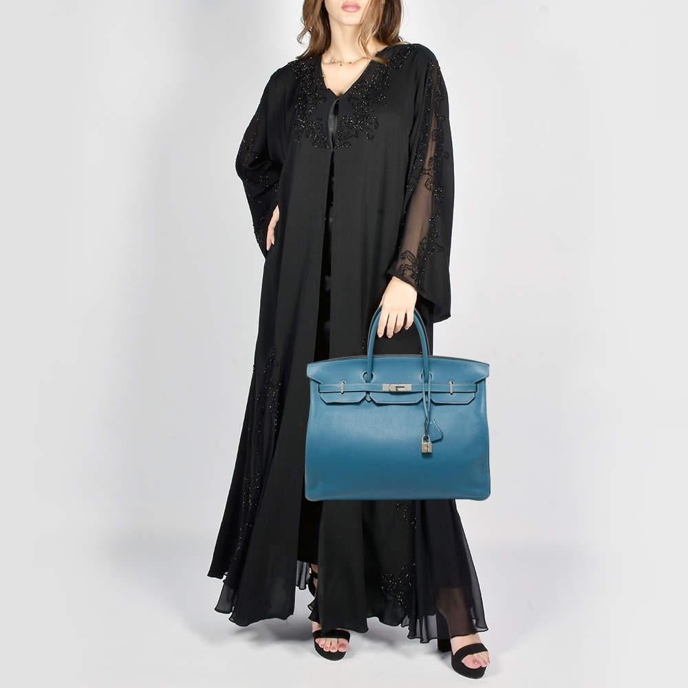 Hermes Bleu Jean Togo Leather Palladium Finish Birkin 40 Bag In Fair Condition In Dubai, Al Qouz 2