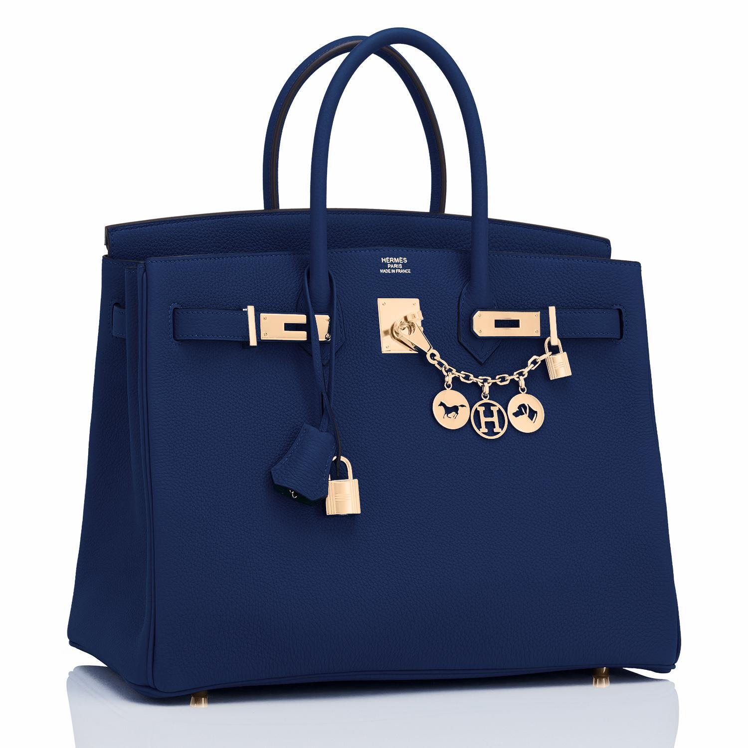 BANK WIRE PRICE ONLY! (Please select BANK WIRE as METHOD of PAYMENT)
(Please contact me prior to checking out with any other form of payment. Price would be $32,950 due to processing charges)
Hermes Bleu Navy Blue Togo 35cm Birkin Gold Hardware W
