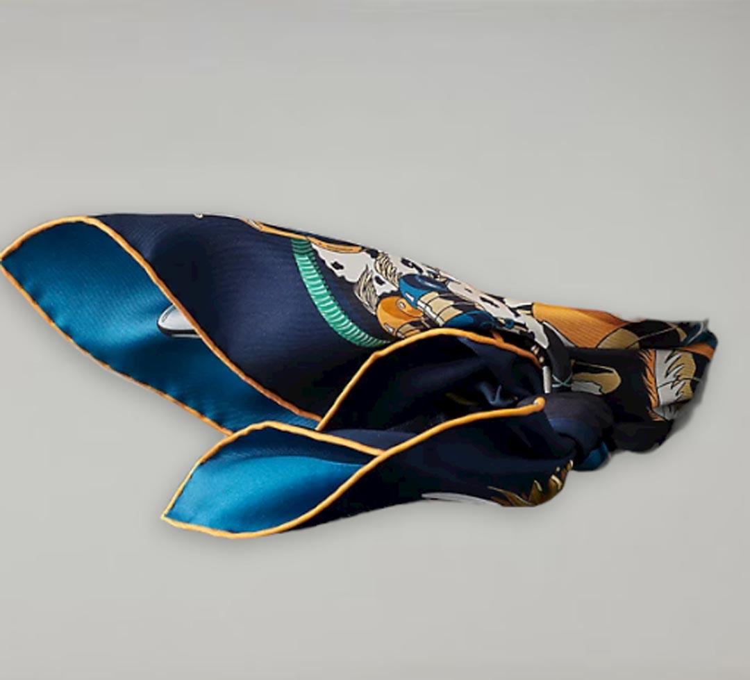 Hermes Bleu Noir / Mandarine / Rose Les Mustangs II double face scarf 90 In New Condition In Nicosia, CY