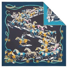 Hermes Bleu Noir / Mandarine / Rose Les Mustangs II double face scarf 90