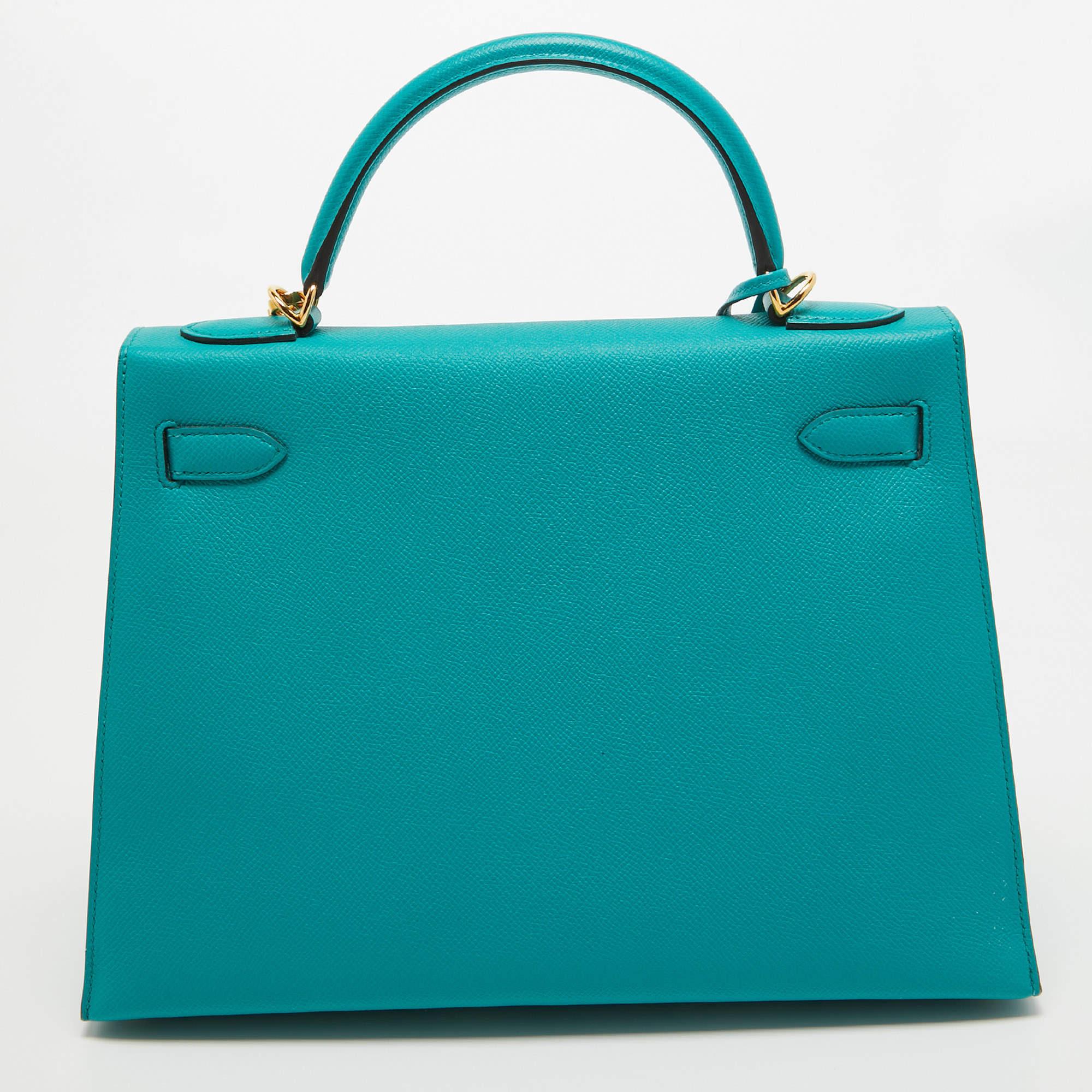 Hermes Bleu Paon Epsom Leather Gold Finish Kelly Sellier 32 Bag For Sale 7