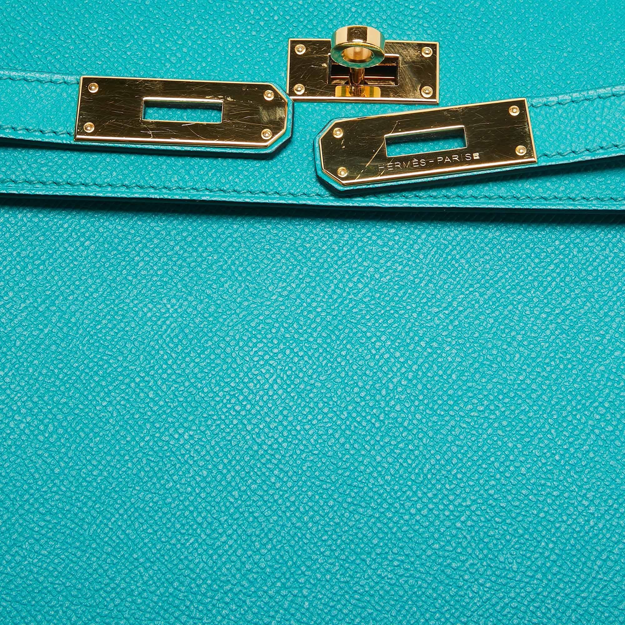 Hermes Bleu Paon Epsom Leather Gold Finish Kelly Sellier 32 Bag For Sale 11