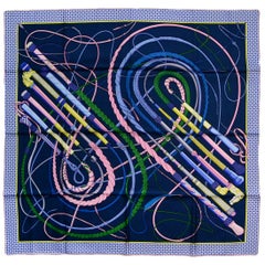 Hermes Bleu/Petrole/Rose/Lavandre "Fouets et Badines" 90cm Silk Scarf