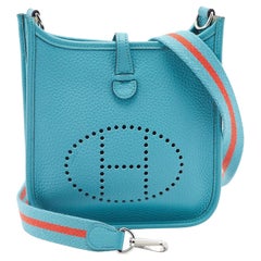 Used Hermes Bleu Saint Cyr Clemence Leather Evelyne TPM Bag