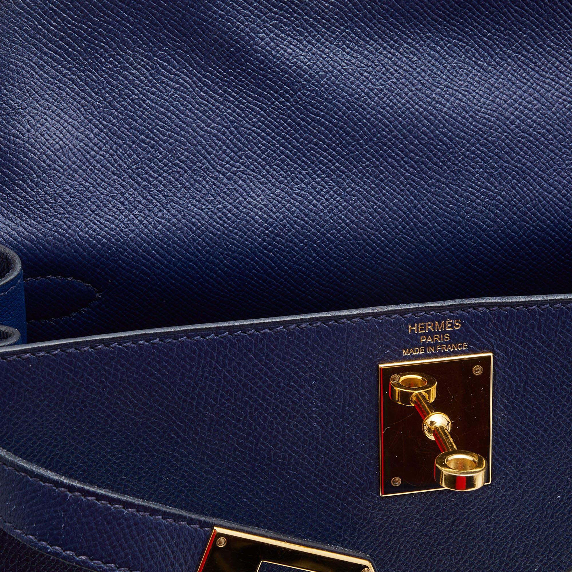 Hermes Bleu Saphir Epsom Leather Gold Finish Kelly Sellier 28 Bag 13