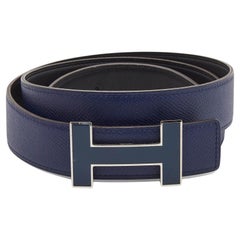 Hermes Bleu Saphir/Noir Epsom and Swift Leather Quizz H Reversible Belt 95 CM