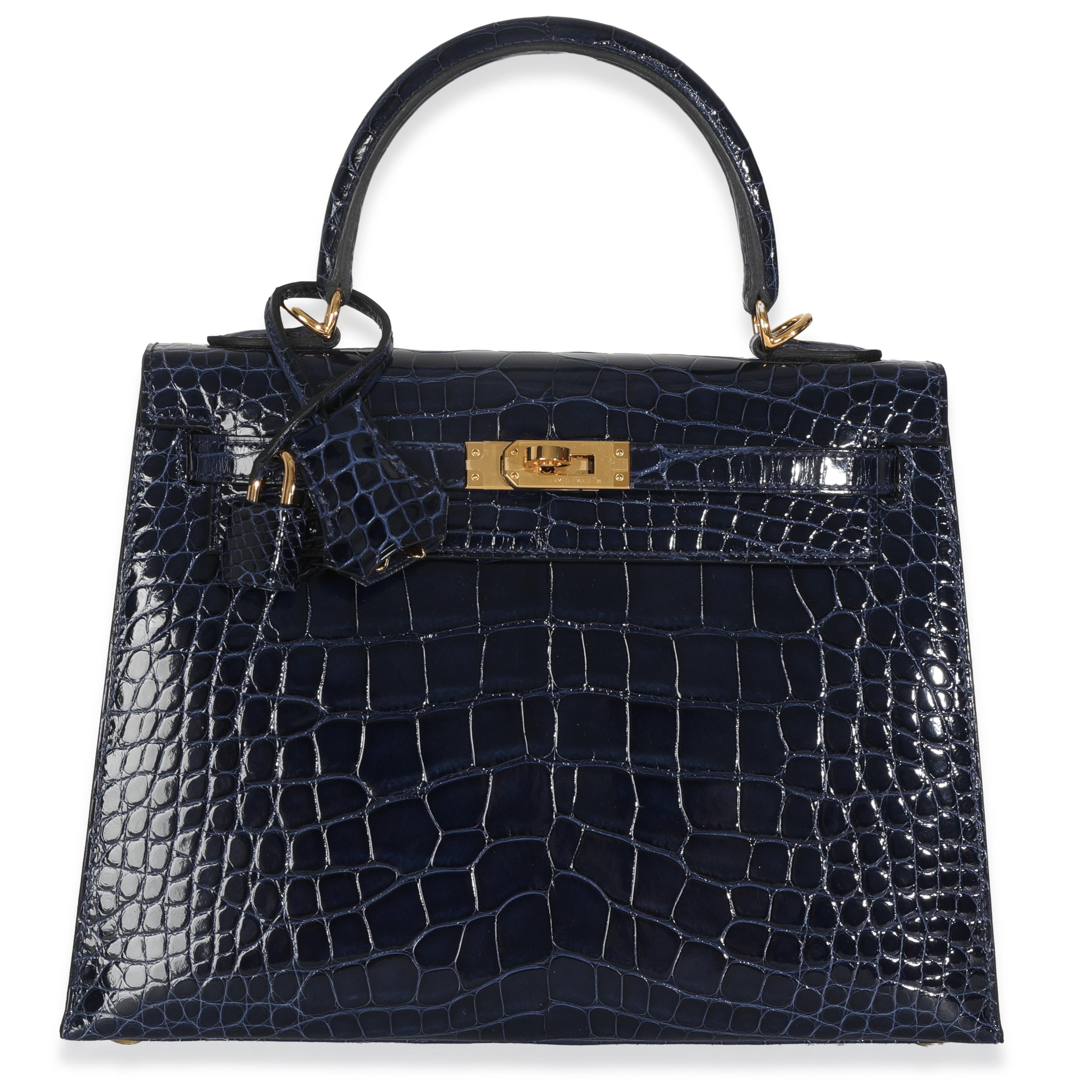 Black Hermès Bleu Saphir Shiny Alligator Sellier Kelly 25 GHW For Sale