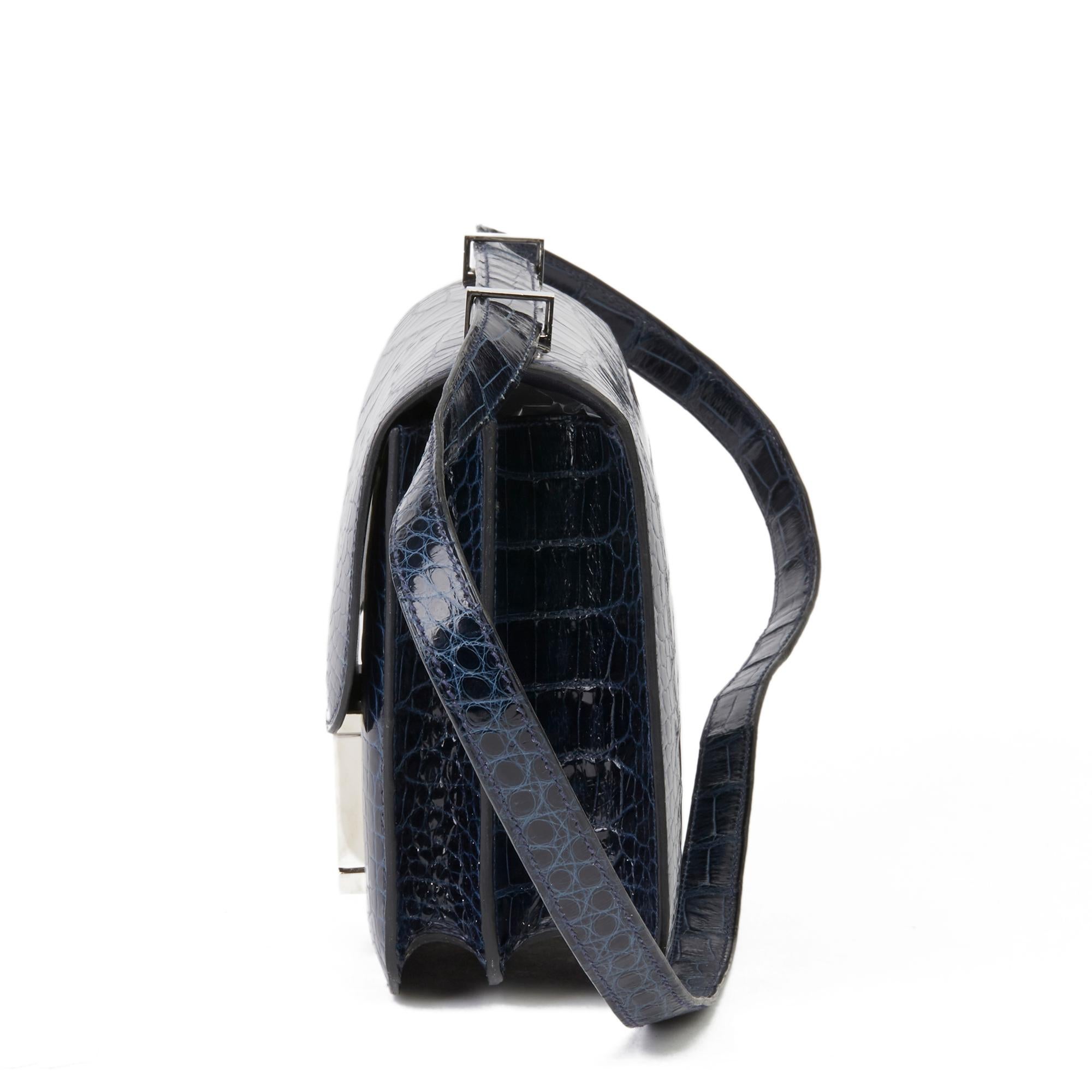 Black Hermès Bleu Saphir Shiny Mississippiensis Alligator Leather Constance 23