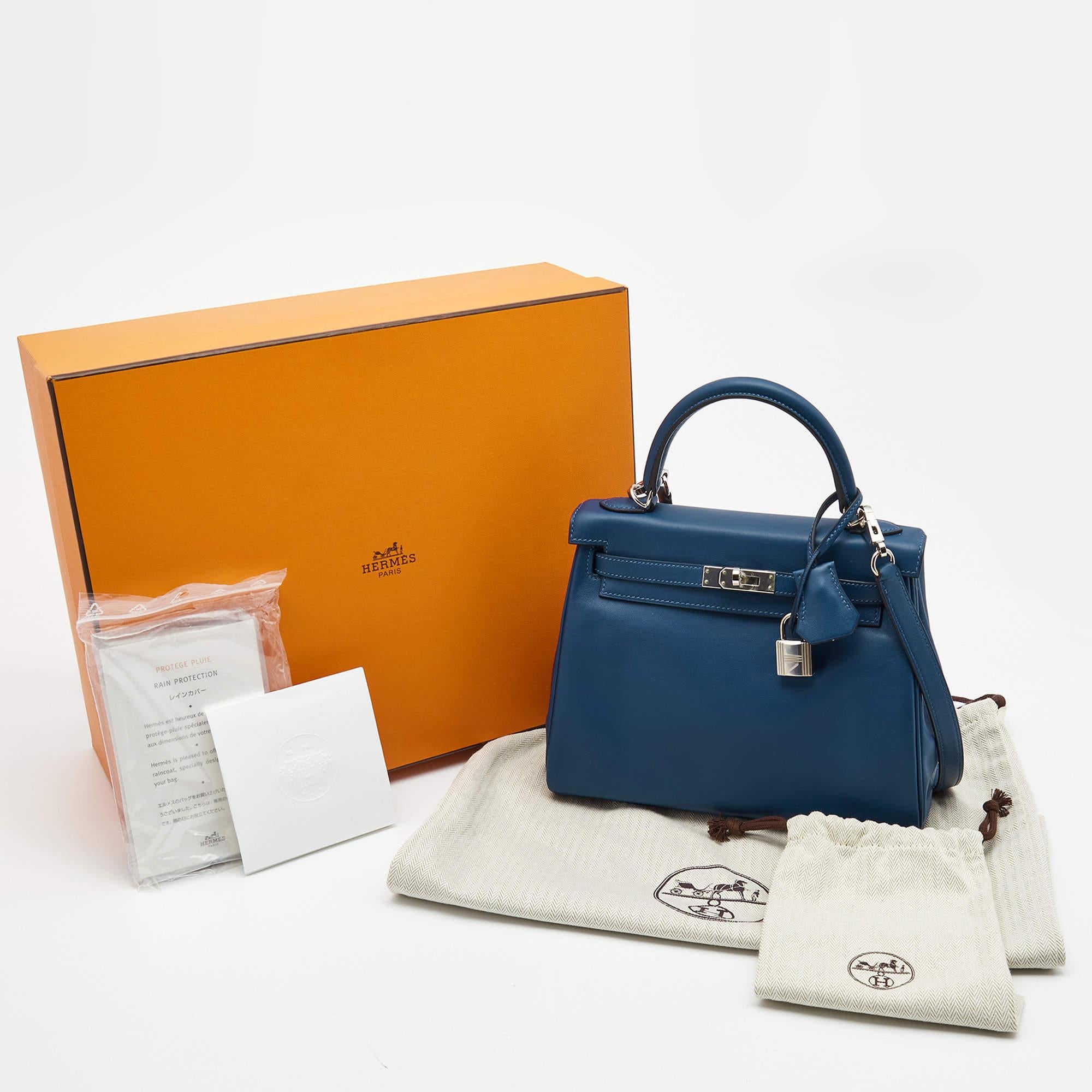 Hermes Bleu Saphir Swift Leather Palladium Finish Kelly Retourne 25 Bag 9