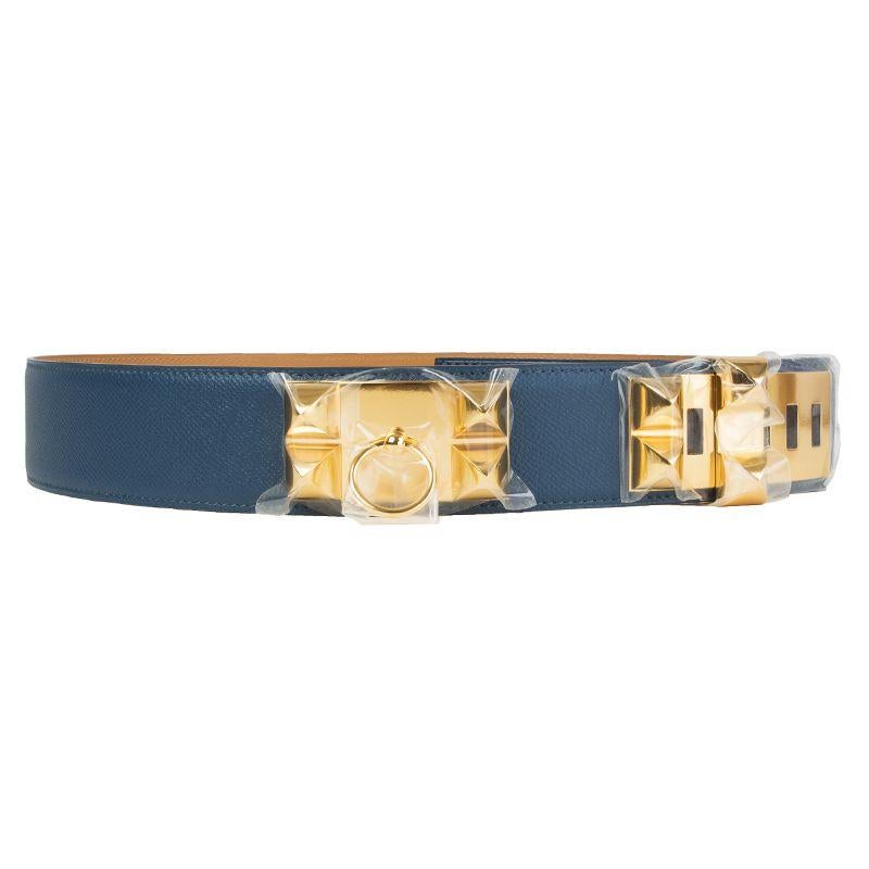 Hermes 'Collier de Chien' belt in Bleu Thalassa (blue) Veau Epsom leather. Brand new. 

Size 95
Width 5cm (2in)
Fits 93cm (36.3in) to 99cm (38.6in)
Buckle Size Height 4cm (1.6in)
Buckle Size Width 10cm (3.9in)
Hardware Gold-Plated