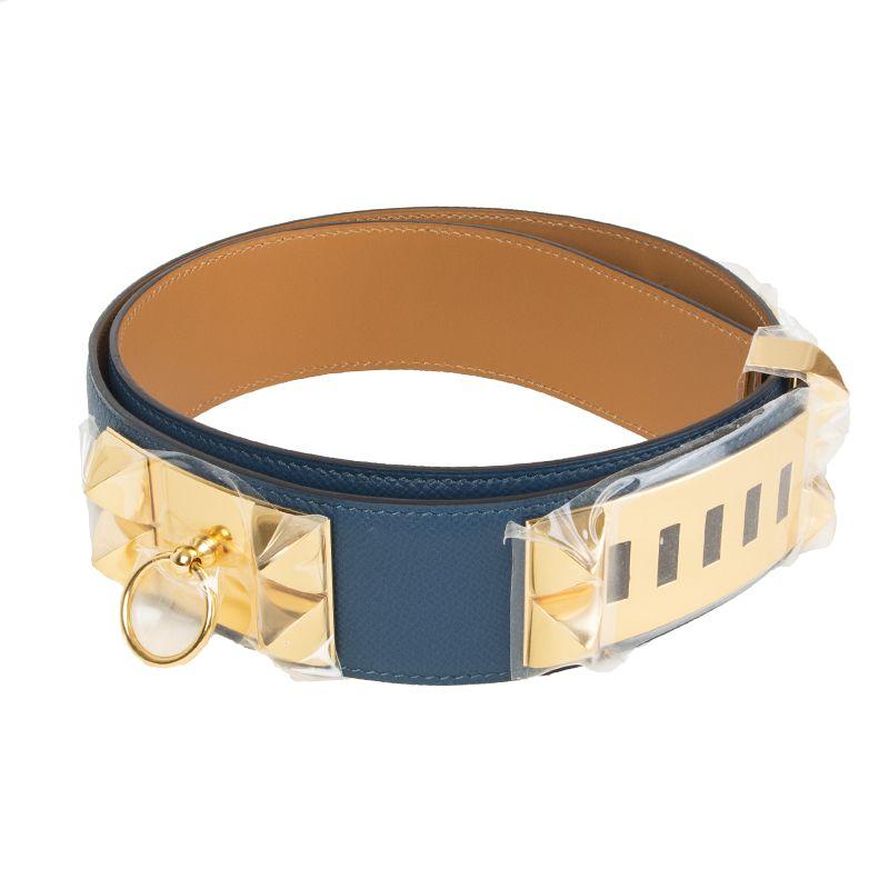 HERMES Bleu Thalassa blue Epsom leather & Gold COLLIER DE CHIEN Belt 95