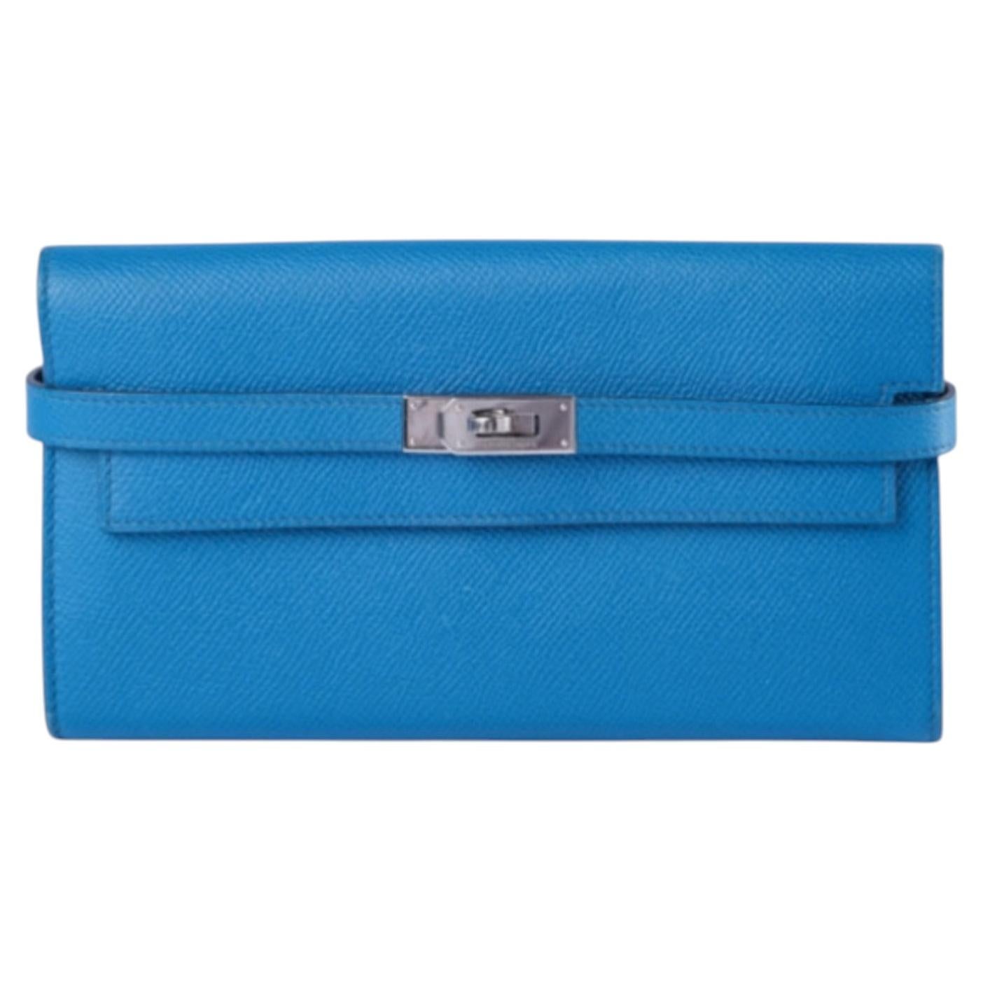 Hermès Bleu Zanzibar Kelly Long Wallet Chevre Leather Palladium Hardware