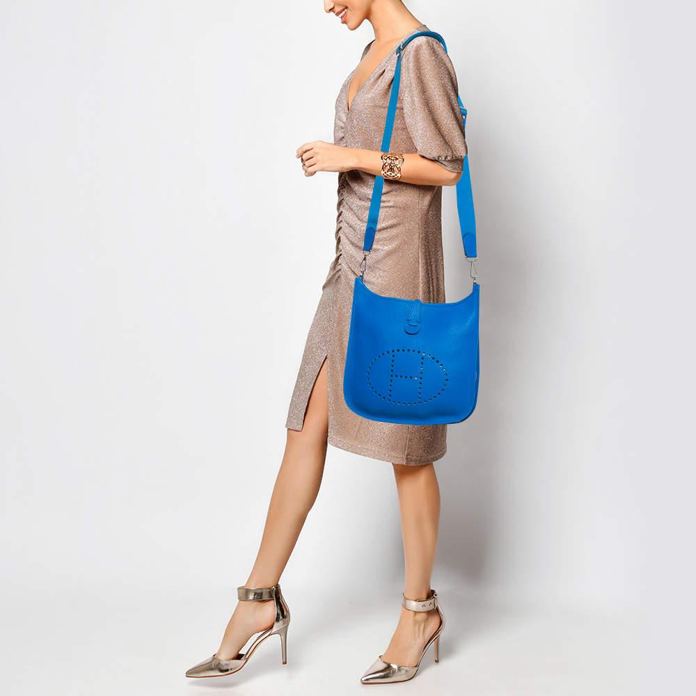 Blue Hermès Bleu Zanzibar Taurillon Clemence Leather Evelyne III PM Bag