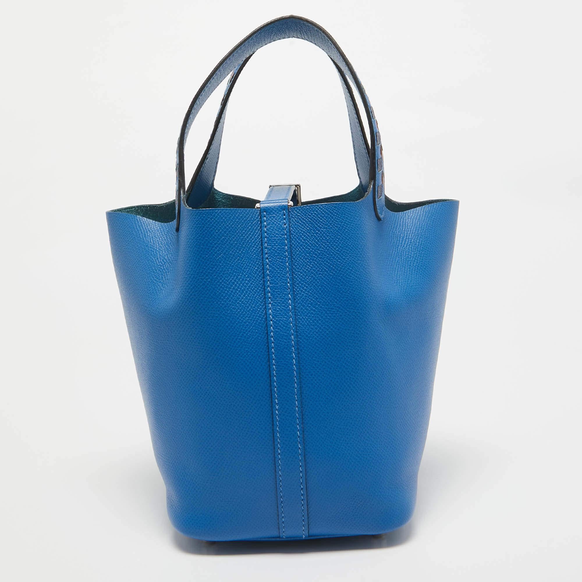 Hermes Bleu Zellige/Bleu Encre/Rouge Epsom Leather Picotin Lock Tressage 18 Bag In Excellent Condition In Dubai, Al Qouz 2