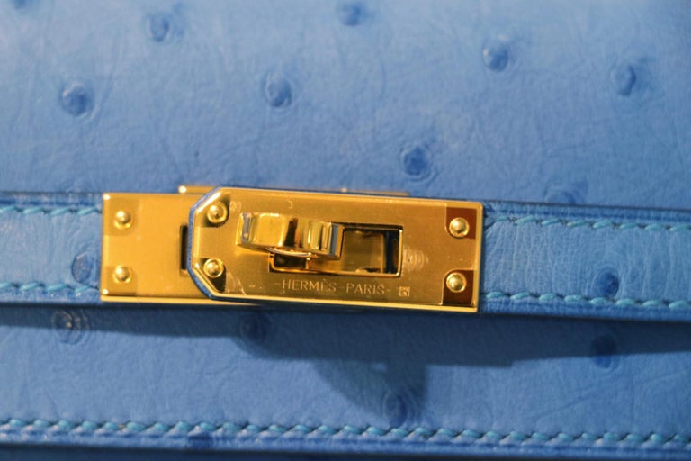 A BLEUET OSTRICH SELLIER KELLY 28 WITH GOLD HARDWARE, HERMÈS, 2021